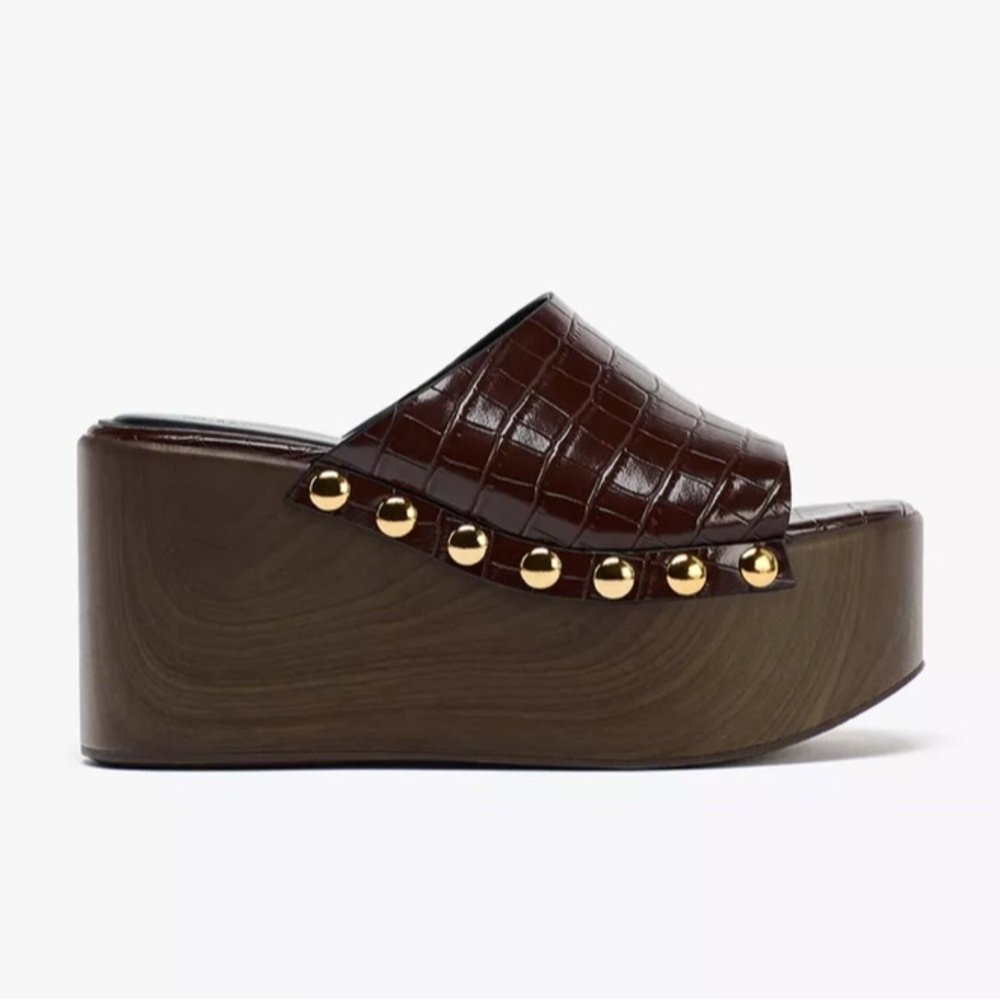 NWT, Zara Dark Brown Platform Wedge with Gold Studded Accents, Sz 9